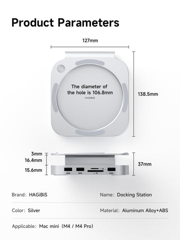Hagibis Mac Mini M4 Hub & Stand with SSD Enclosure, 3 in 1 USB Type-C Docking Station with M.2 NVMe SSD Case, 4K@60Hz HDMI, 10Gbps USB3.2 Gen2, SD4.0, TF4.0, 5V/2A Power Supply for M4 Pro (MC60H)