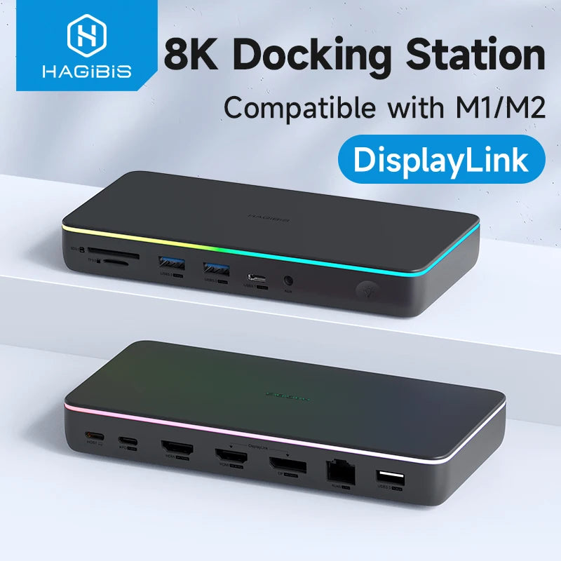 Hagibis DisplayLink USB C Docking Station Triple Display 3 Monitors with DP MST Hub 100W PD RJ45 LED for MacBook M1 M2 Windows