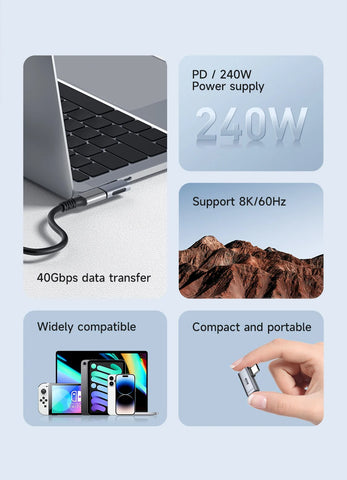 Hagibis 240W USB C to C Adapter 40Gbps 8K 60Hz 90 Degree Converter USB4 Adapter for Thunderbolt 4/3 MacBook iPhone 16 Pro Tablet