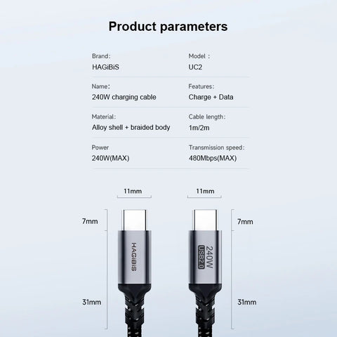 Hagibis 240W USB Type C Cable PD 3.1 Fast Charging Type C to Type C line for MacBook Pro Air PS4/5 iPhone 16 Switch iPad Samsung