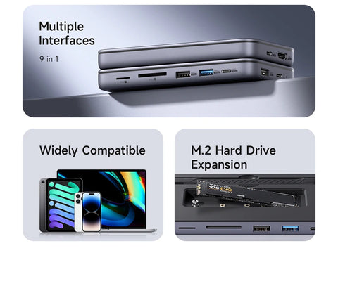 Hagibis 9 in 1 USB C HUB with M.2 NVMe/SATA SSD Enclosure 4K HDMI-compatible 100W PD USB 3.1 Docking station for Windows mac OS